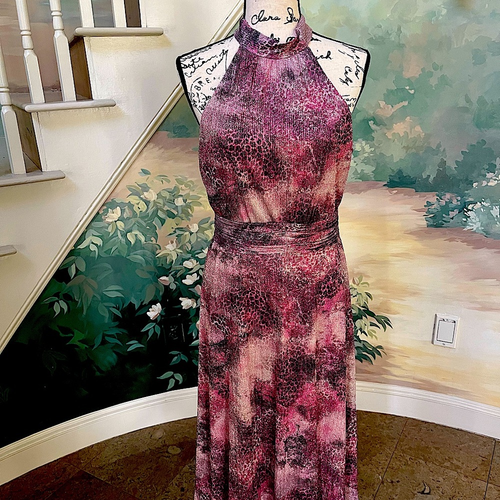 ML Monique Lhuillier NWT shimmer pink (azalea) animal print halterneck dress